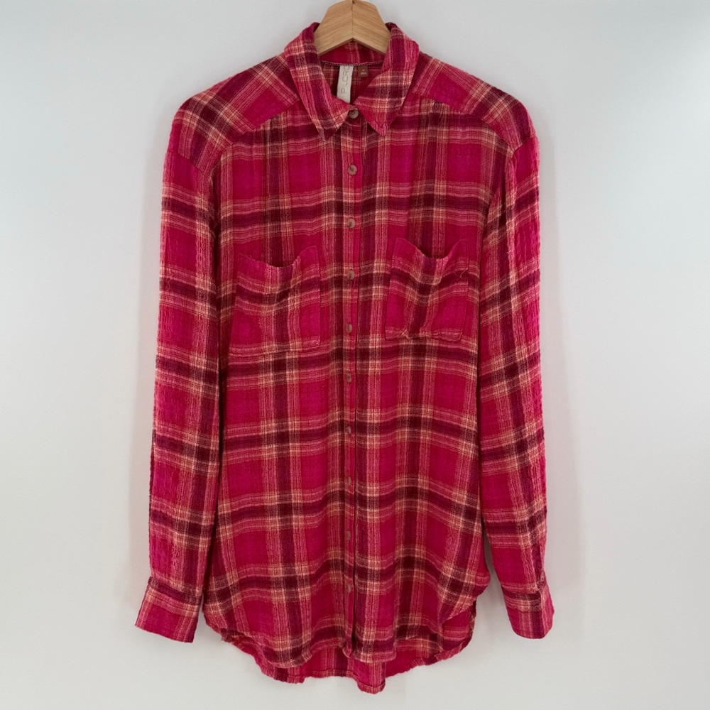 Anthropologie Pilcro Hadley Relaxed Red Pink Plaid Button-Up Shirt Size XS